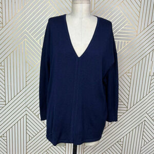 Jigsaw London Navy Blue Cross Back‎ Silk Insert Wool Sweater Size Large